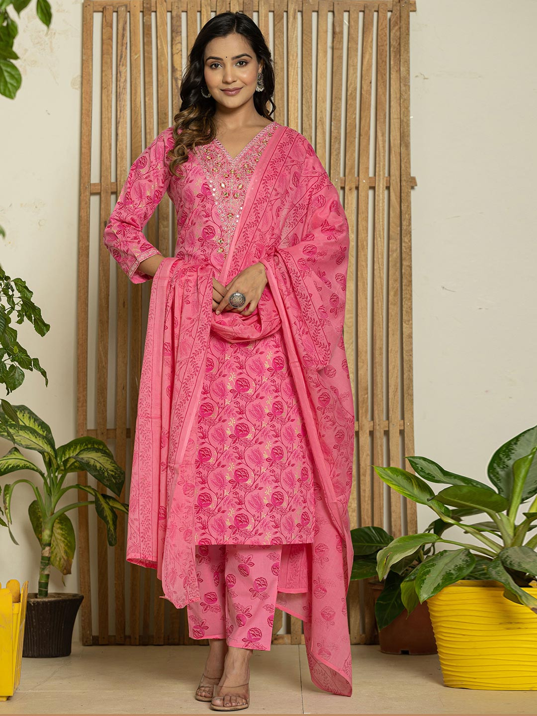 

V.S.Creation Floral Printed Mirror Work Straight Kurta with Trouser And Dupatta, Pink
