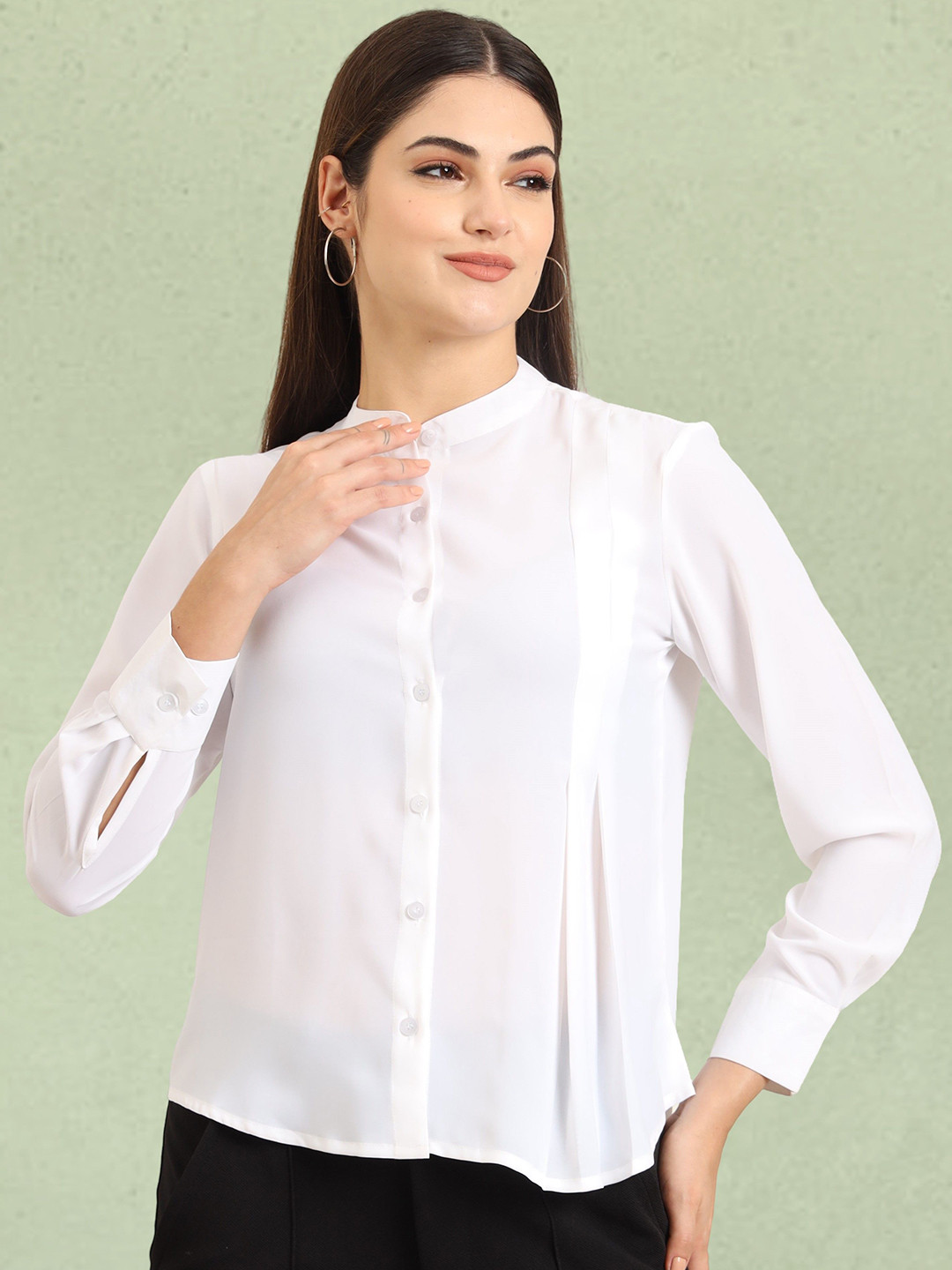 

FITHUB Women Band Collar Solid Casual Shirt, White