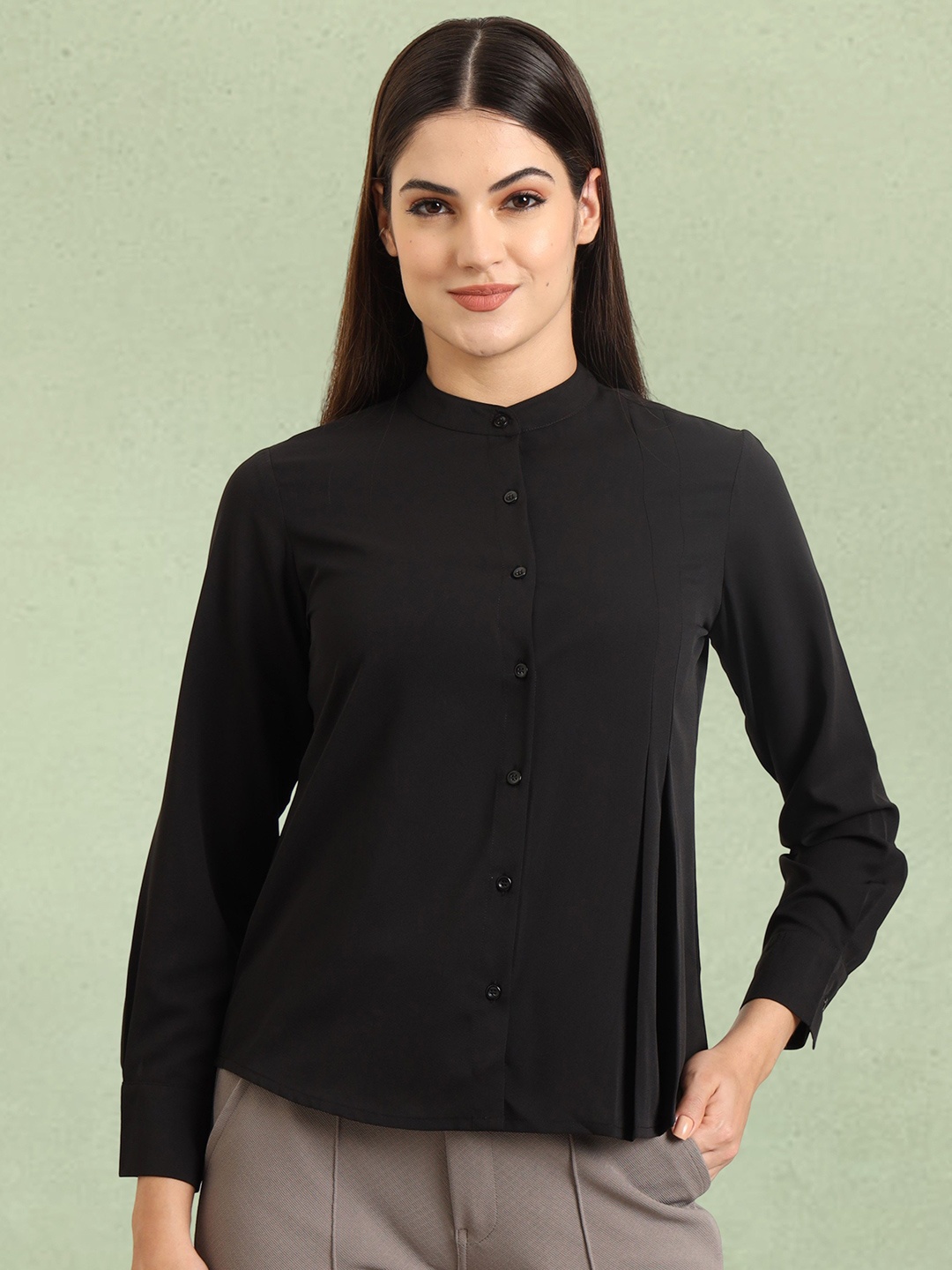 

FITHUB Women Band Collar Solid Casual Shirt, Black