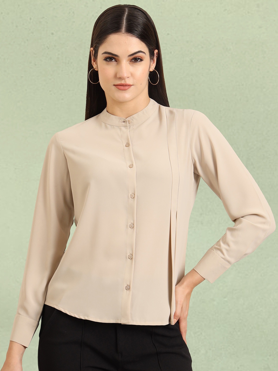 

FITHUB Women Solid Band Collar Casual Shirt, Khaki