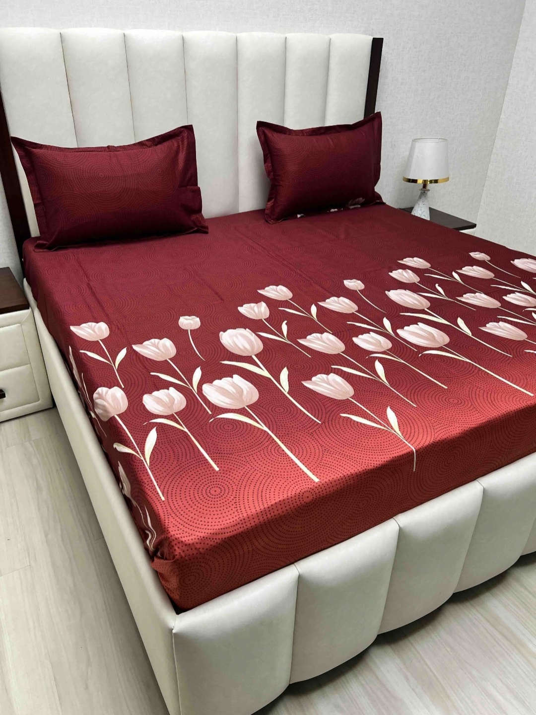 Pure Decor Velar Sib Maroon Floral Printed Cotton 300 TC King Bedsheet Set 2.74 x 2.74 m