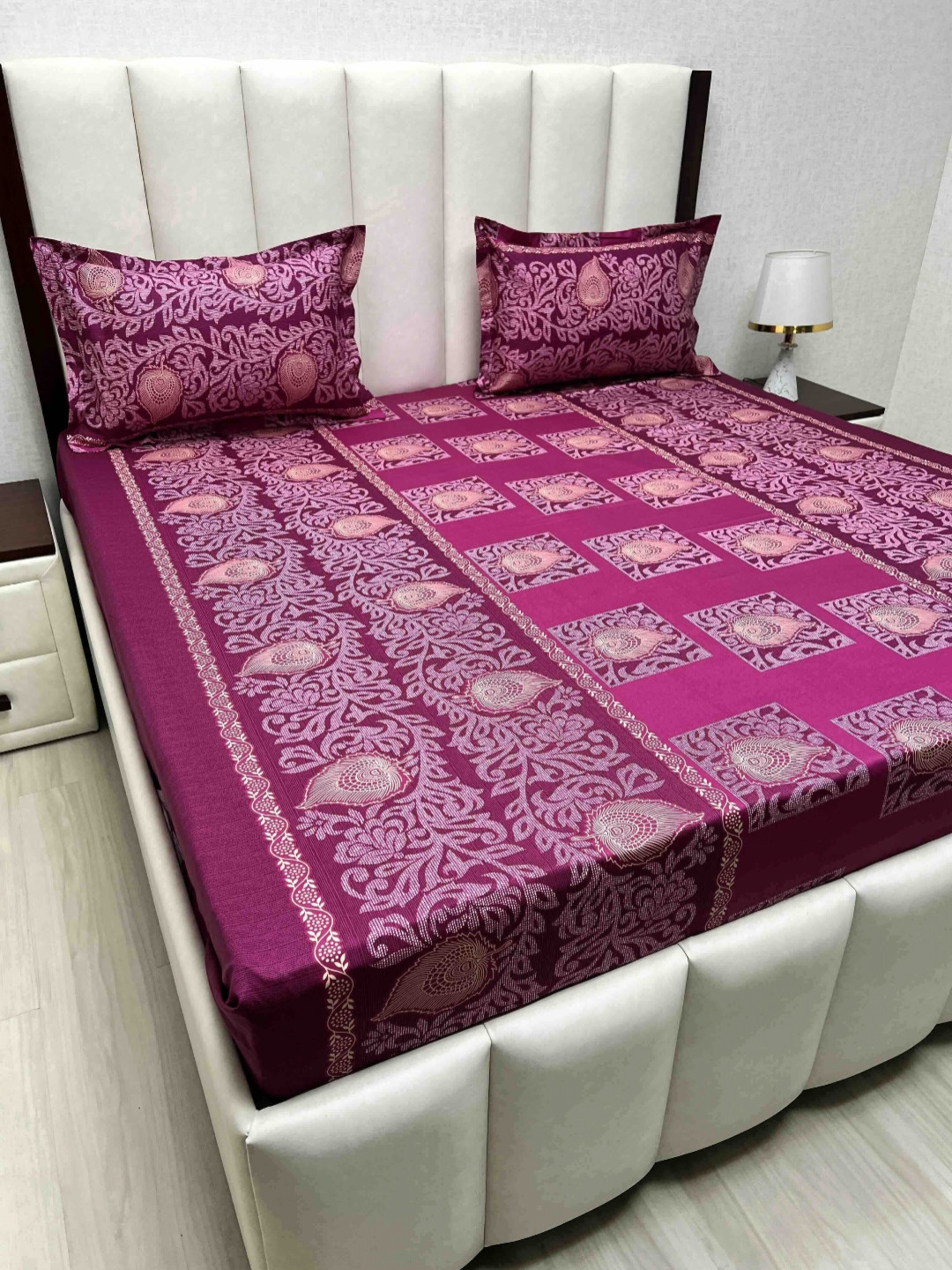 

Pure Decor Velar Sib Purple Printed Cotton 300 TC King Bedsheet Set 2.74 x 2.74 m