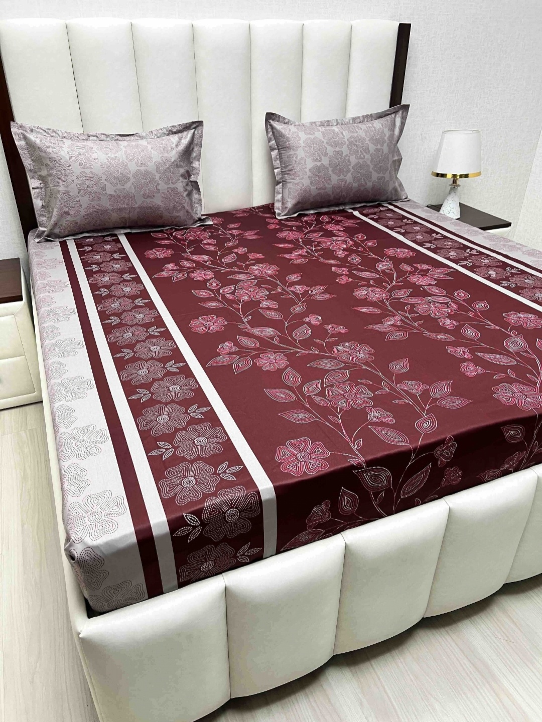 Pure Decor Velar Sib Maroon Floral Printed Cotton 300 TC King Bedsheet Set 2.74 x 2.74 m