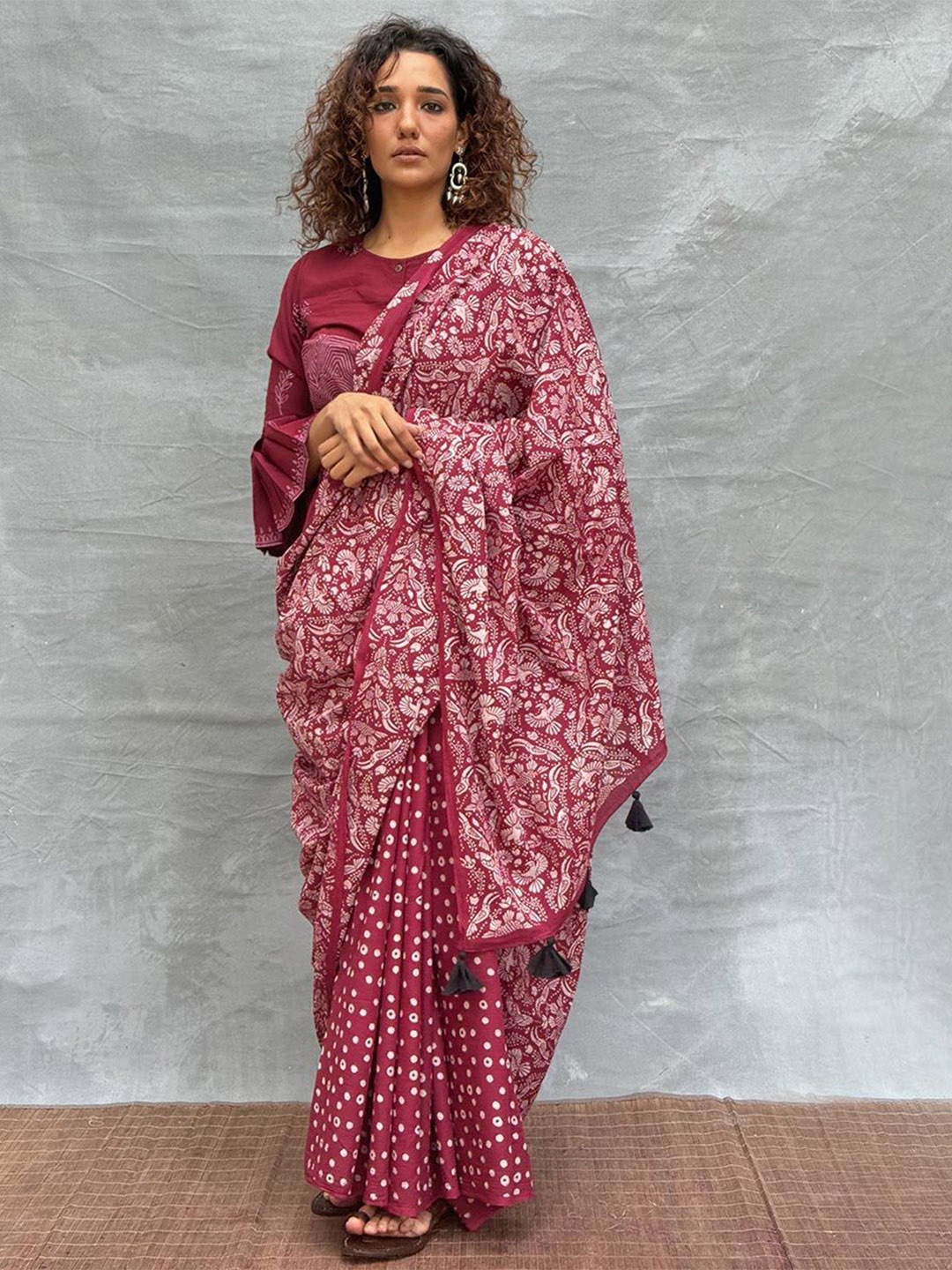 

Chidiyaa Soil Moonlight Blockprinted Cotton Saree, Maroon