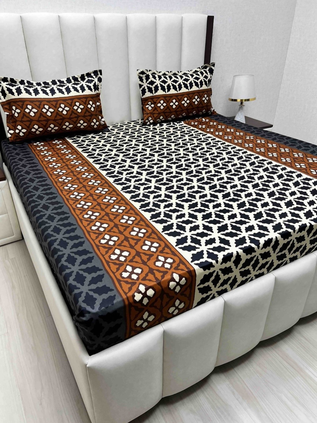Pure Decor Velar Sib Brown Geometric Printed Cotton 300 TC King Bedsheet Set 2.74 x 2.74 m