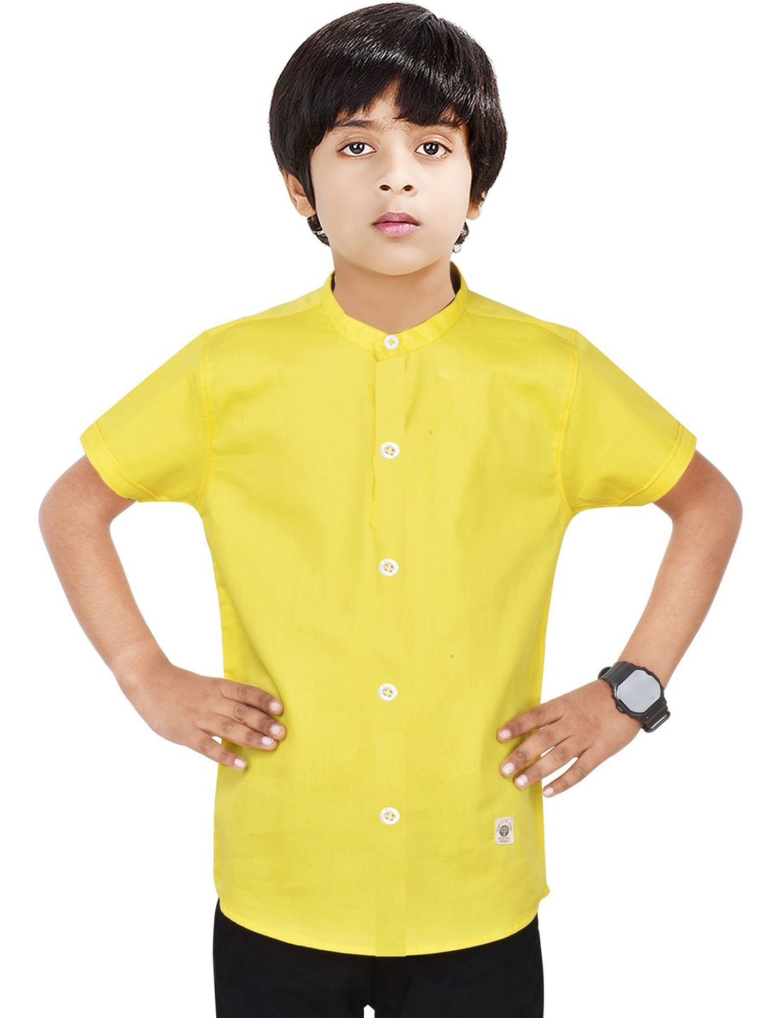 

MADE IN THE SHADE Boys Band Collar Solid Cotton Casual Shirt, Yellow