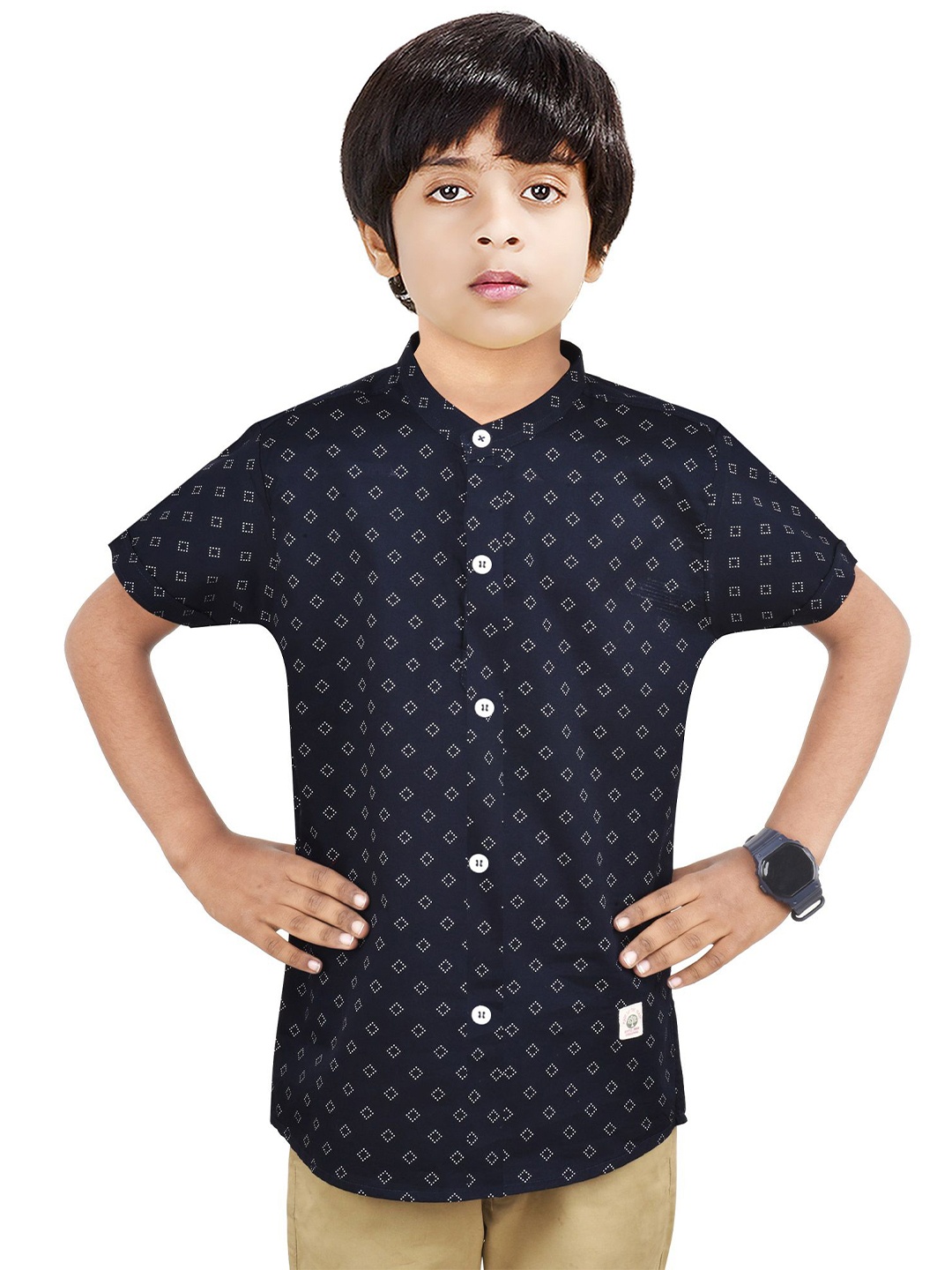 

MADE IN THE SHADE Boys Band Collar Geometric Printed Cotton Casual Shirt, Navy blue