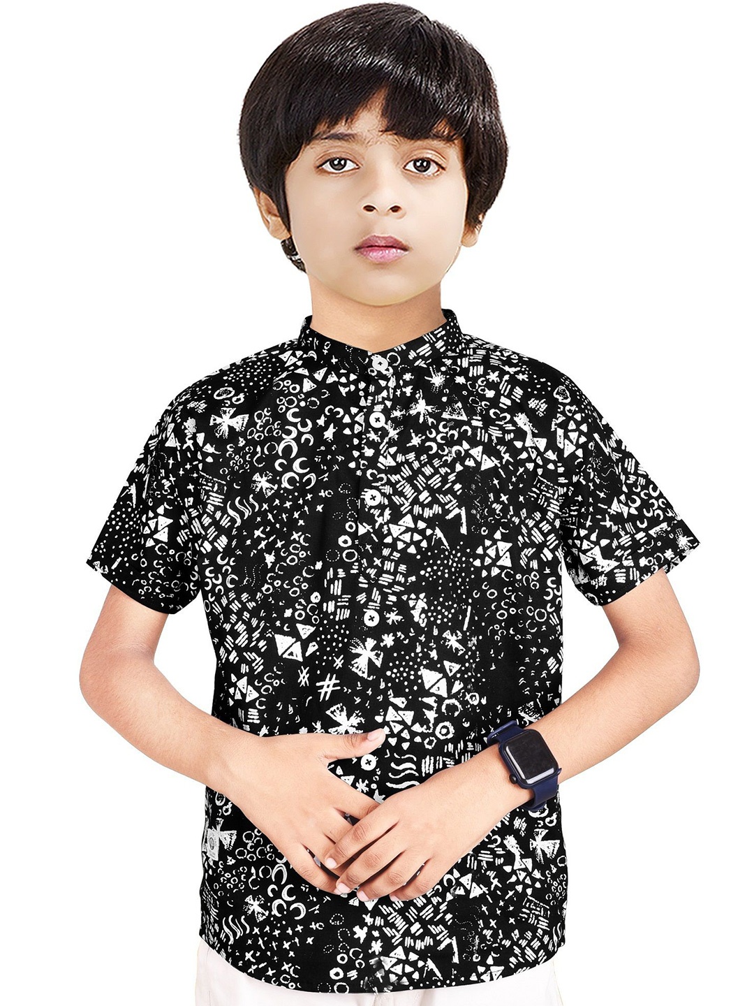 

MADE IN THE SHADE Boys Band Collar Abstract Printed Cotton Casual Shirt, Black