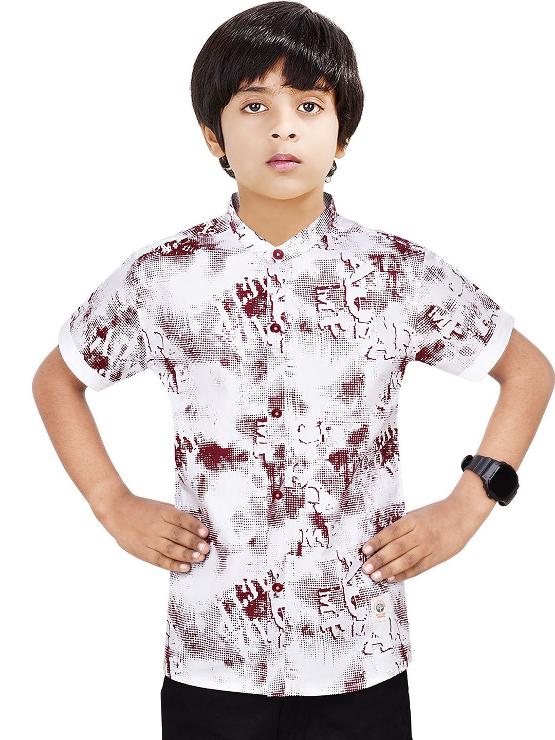 

MADE IN THE SHADE Boys Band Collar Abstract Printed Cotton Casual Shirt, White