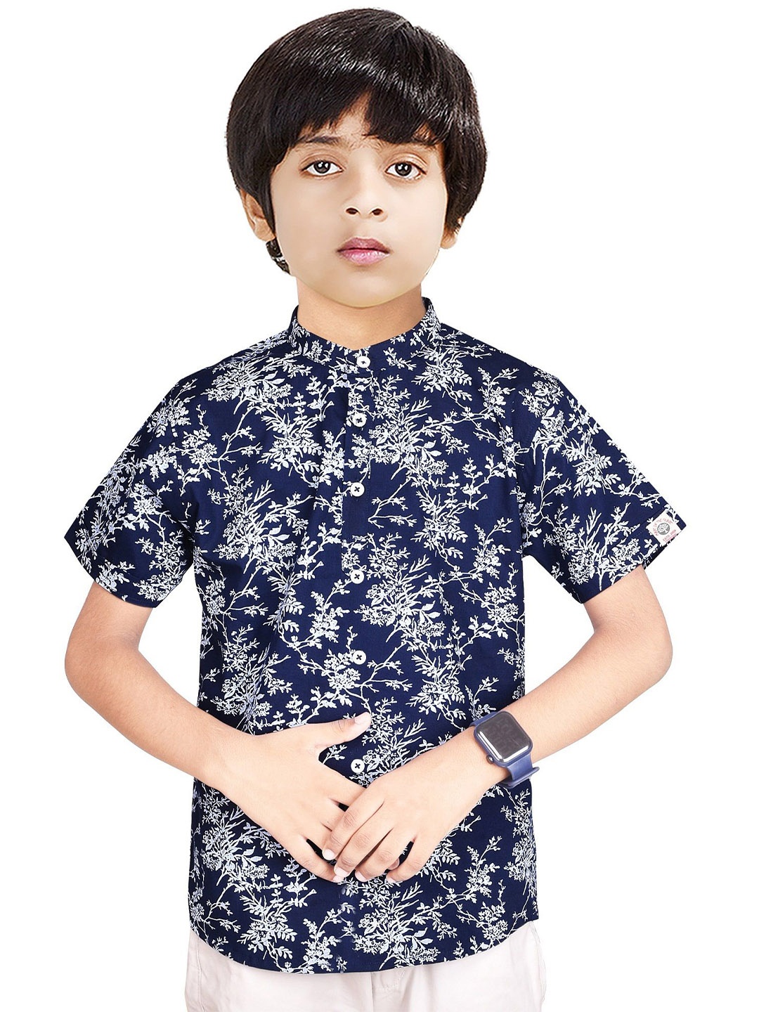 

MADE IN THE SHADE Boys Band Collar Floral Printed Cotton Casual Shirt, Navy blue