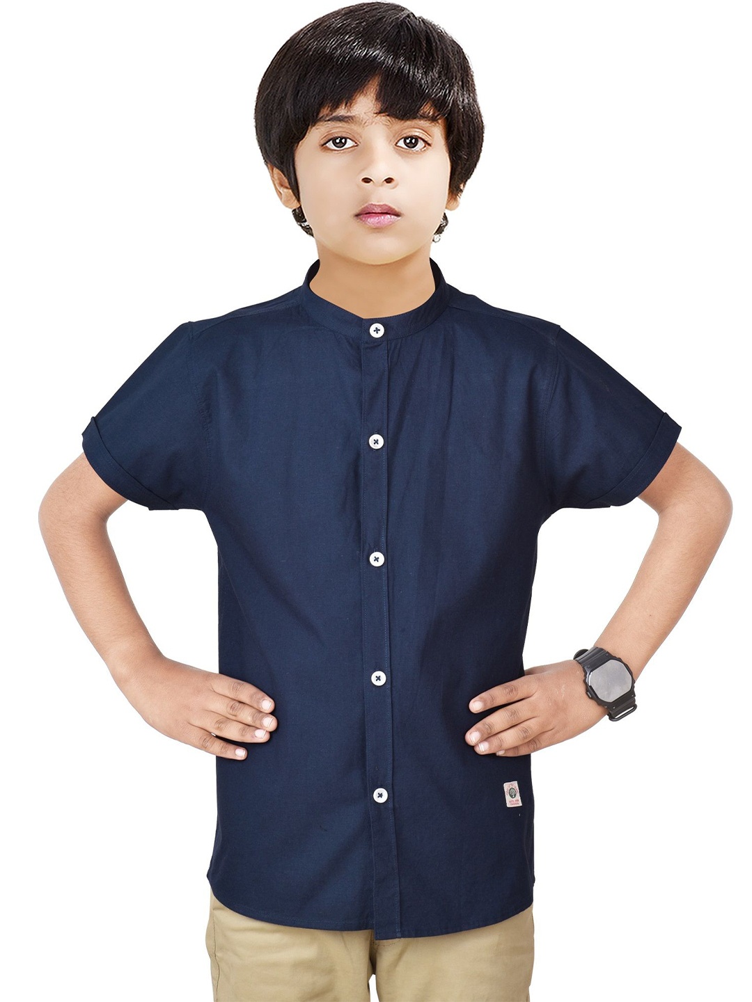

MADE IN THE SHADE Boys Band Collar Solid Cotton Casual Shirt, Navy blue