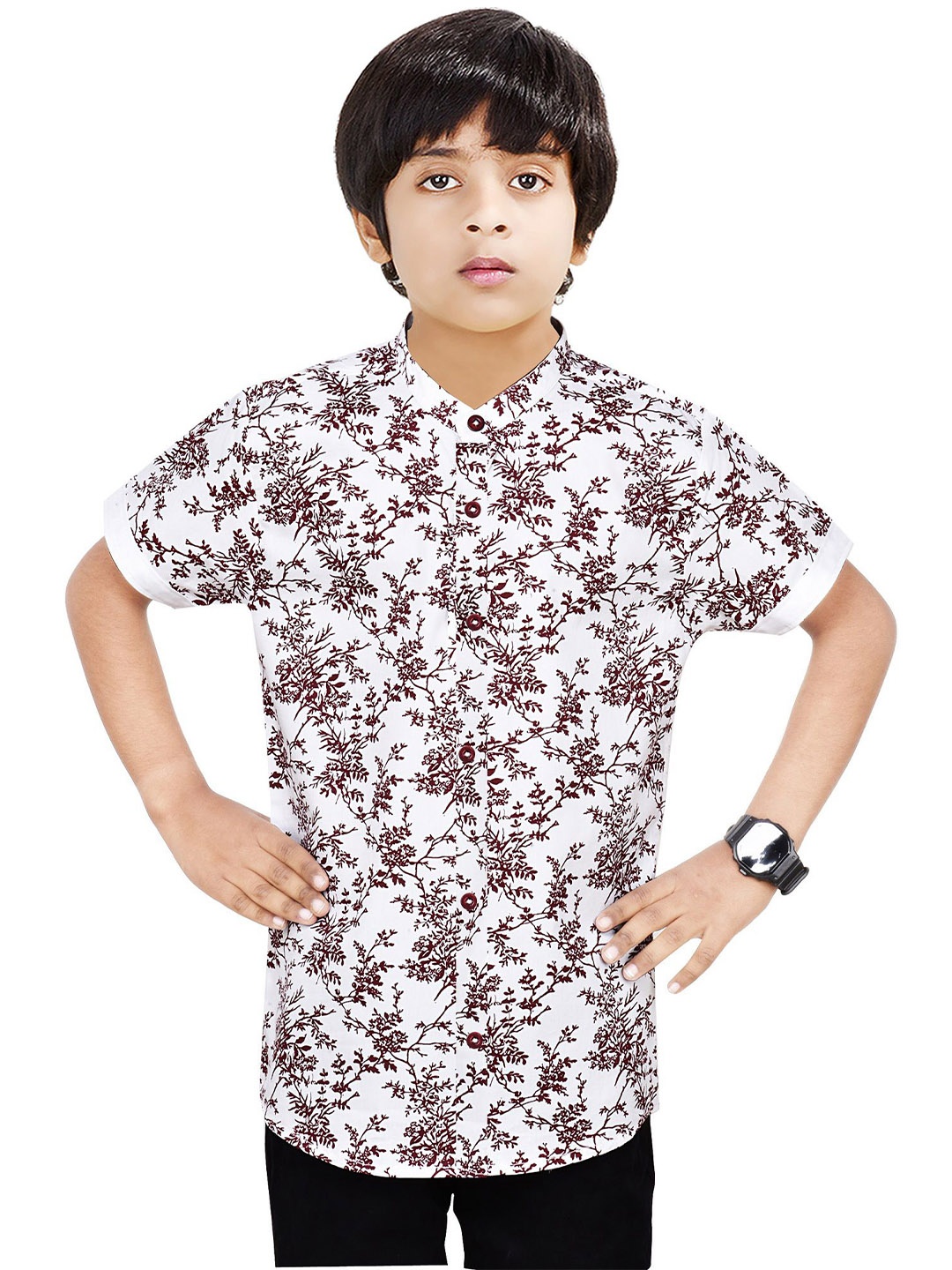 

MADE IN THE SHADE Boys Band Collar Floral Printed Cotton Casual Shirt, White