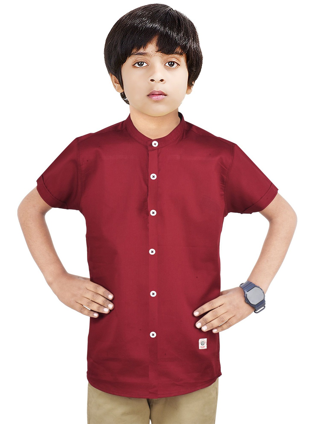 

MADE IN THE SHADE Boys Band Collar Solid Cotton Casual Shirt, Maroon