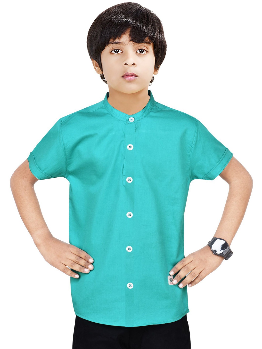 

MADE IN THE SHADE Boys Band Collar Solid Cotton Casual Shirt, Green