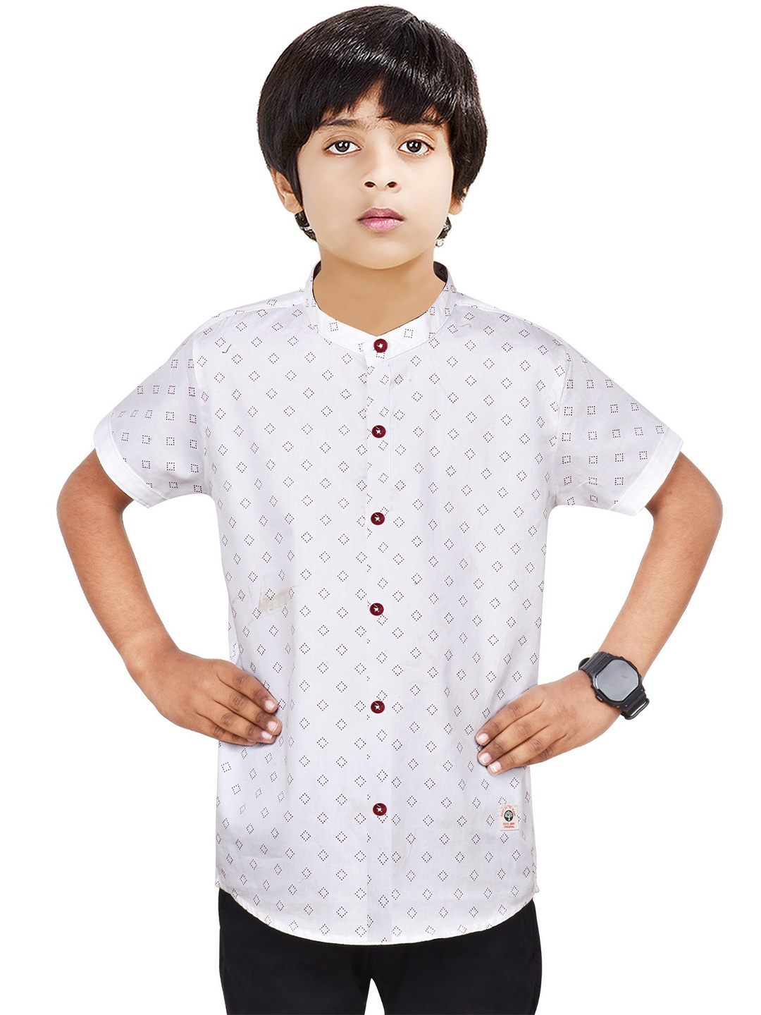 

MADE IN THE SHADE Boys Band Collar Geometric Printed Cotton Casual Shirt, White