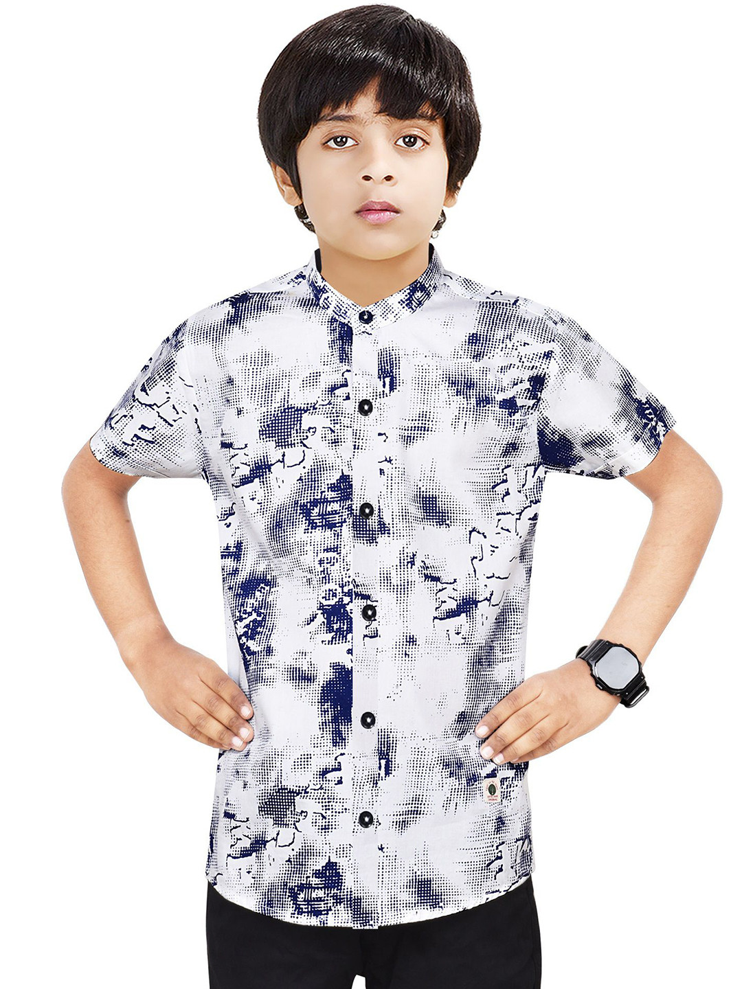 

MADE IN THE SHADE Boys Band Collar Abstract Printed Cotton Casual Shirt, White