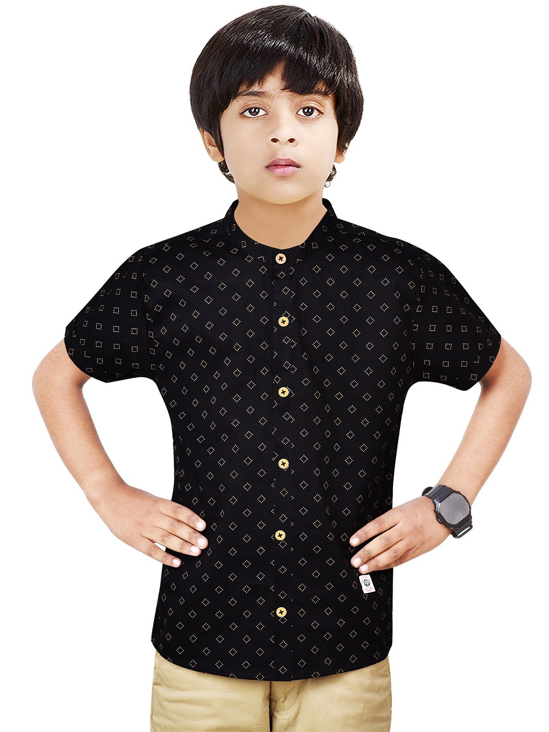 

MADE IN THE SHADE Boys Band Collar Geometric Printed Cotton Casual Shirt, Black