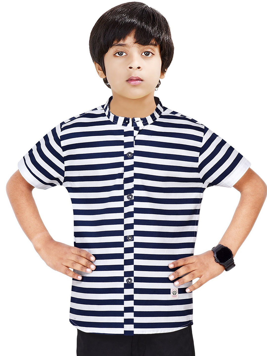 

MADE IN THE SHADE Boys Band Collar Horizontal Striped Cotton Casual Shirt, Navy blue