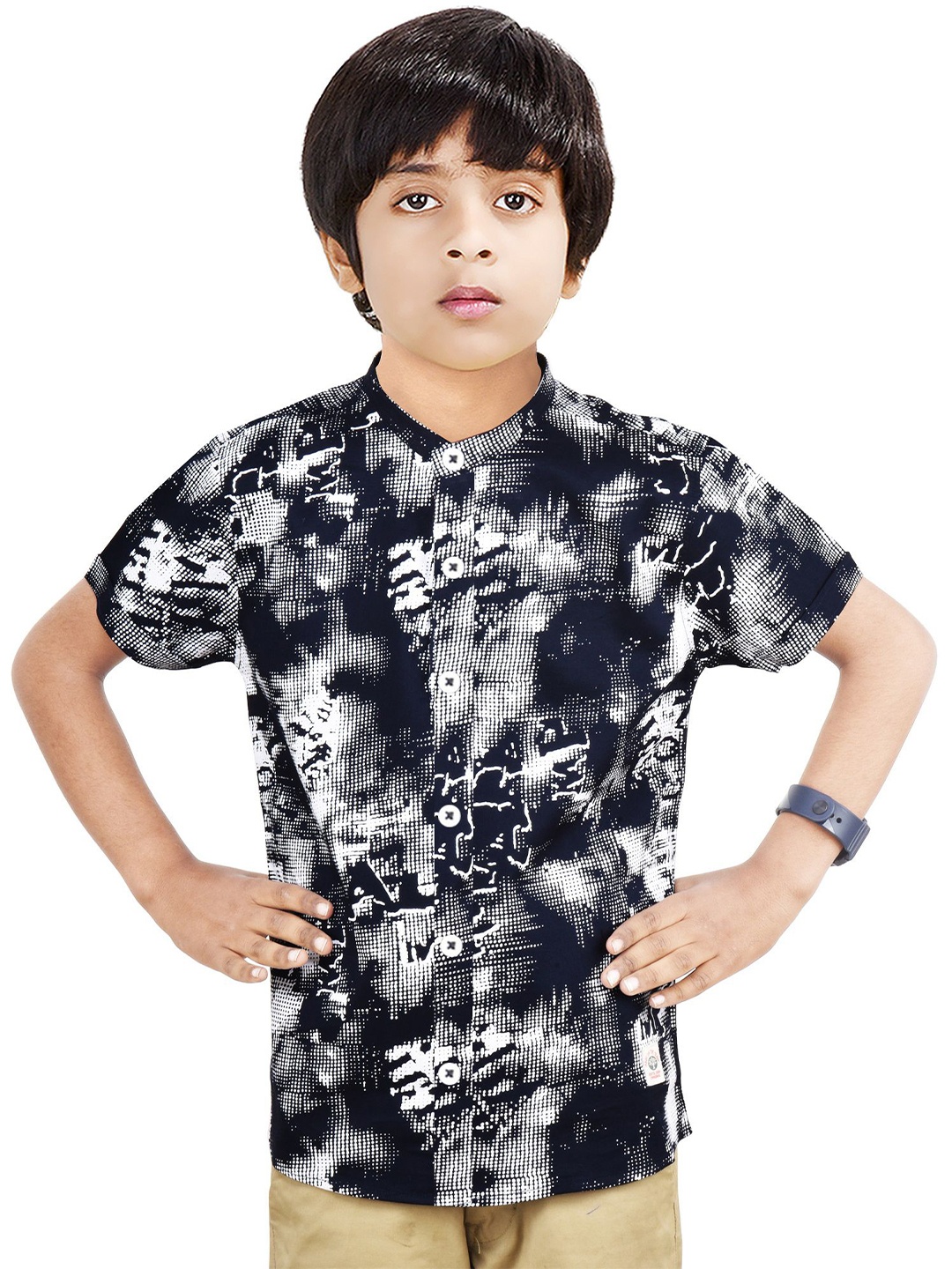 

MADE IN THE SHADE Boys Band Collar Abstract Printed Cotton Casual Shirt, Navy blue