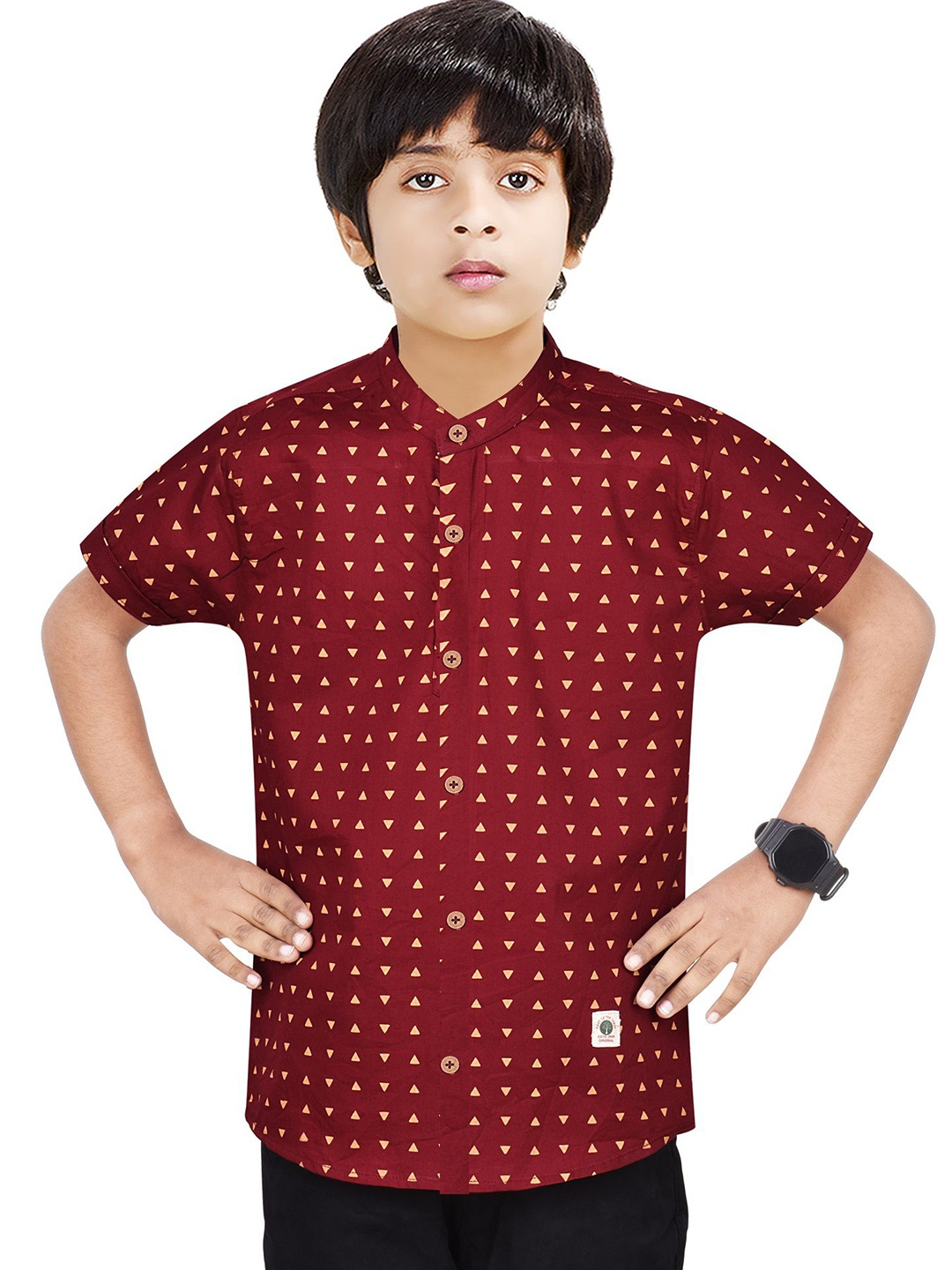 

MADE IN THE SHADE Boys Band Collar Geometric Printed Cotton Casual Shirt, Red