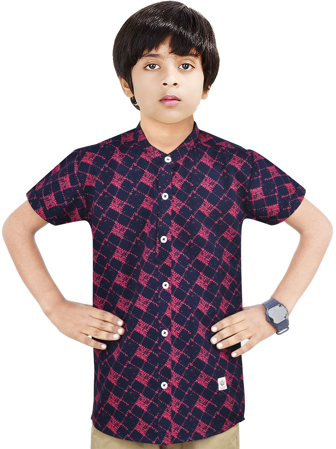 

MADE IN THE SHADE Boys Band Collar Geometric Printed Cotton Casual Shirt, Navy blue