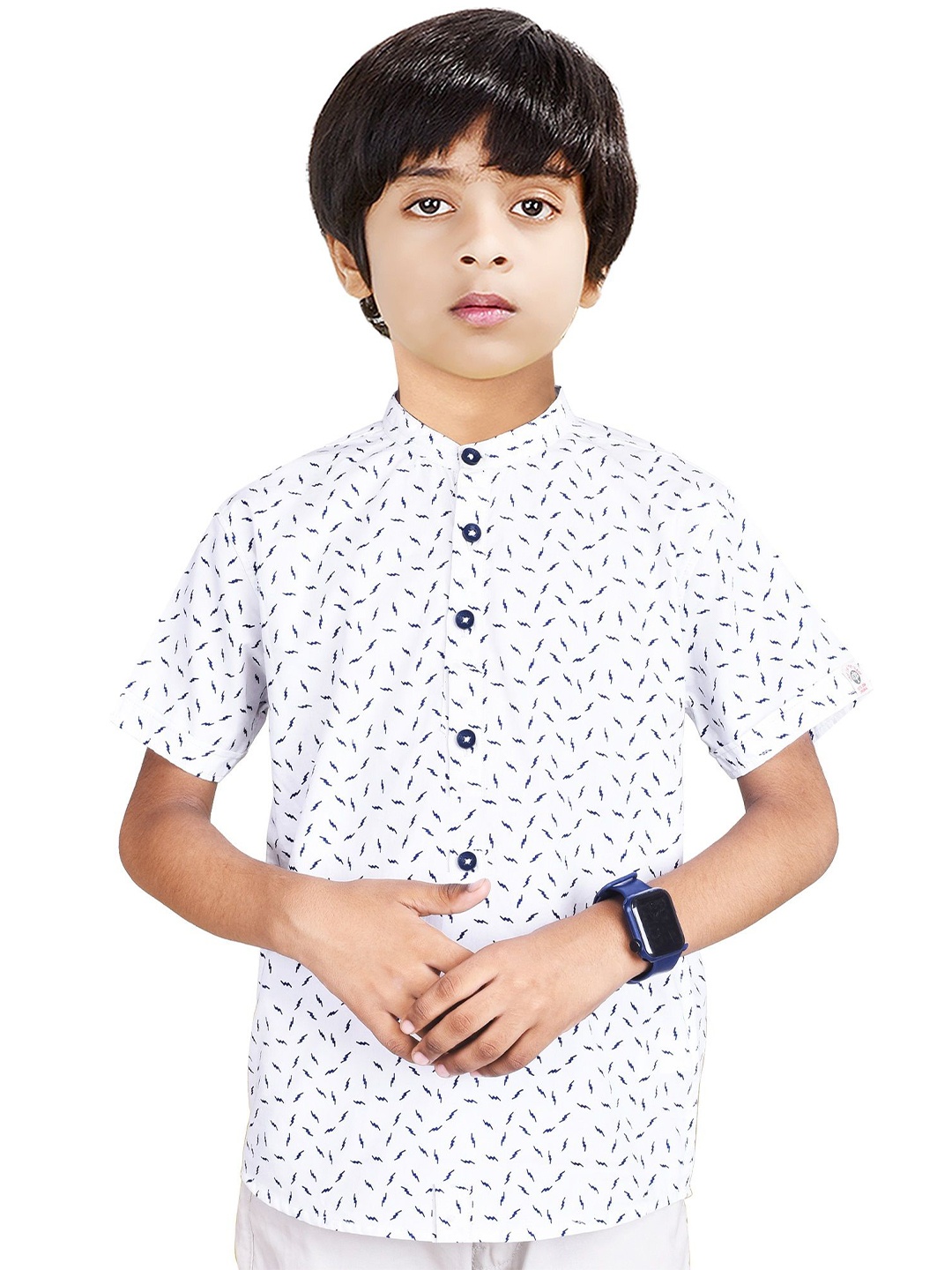 

MADE IN THE SHADE Boys Band Collar Conversational Printed Cotton Casual Shirt, White