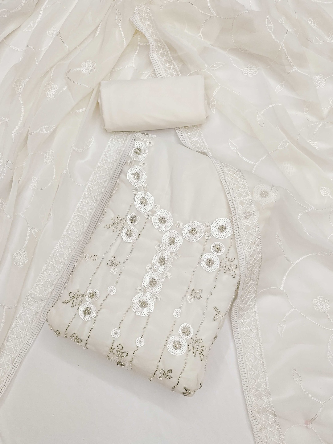 

Panzora Floral Embroidered Sequinned Unstitched Dress Material, White