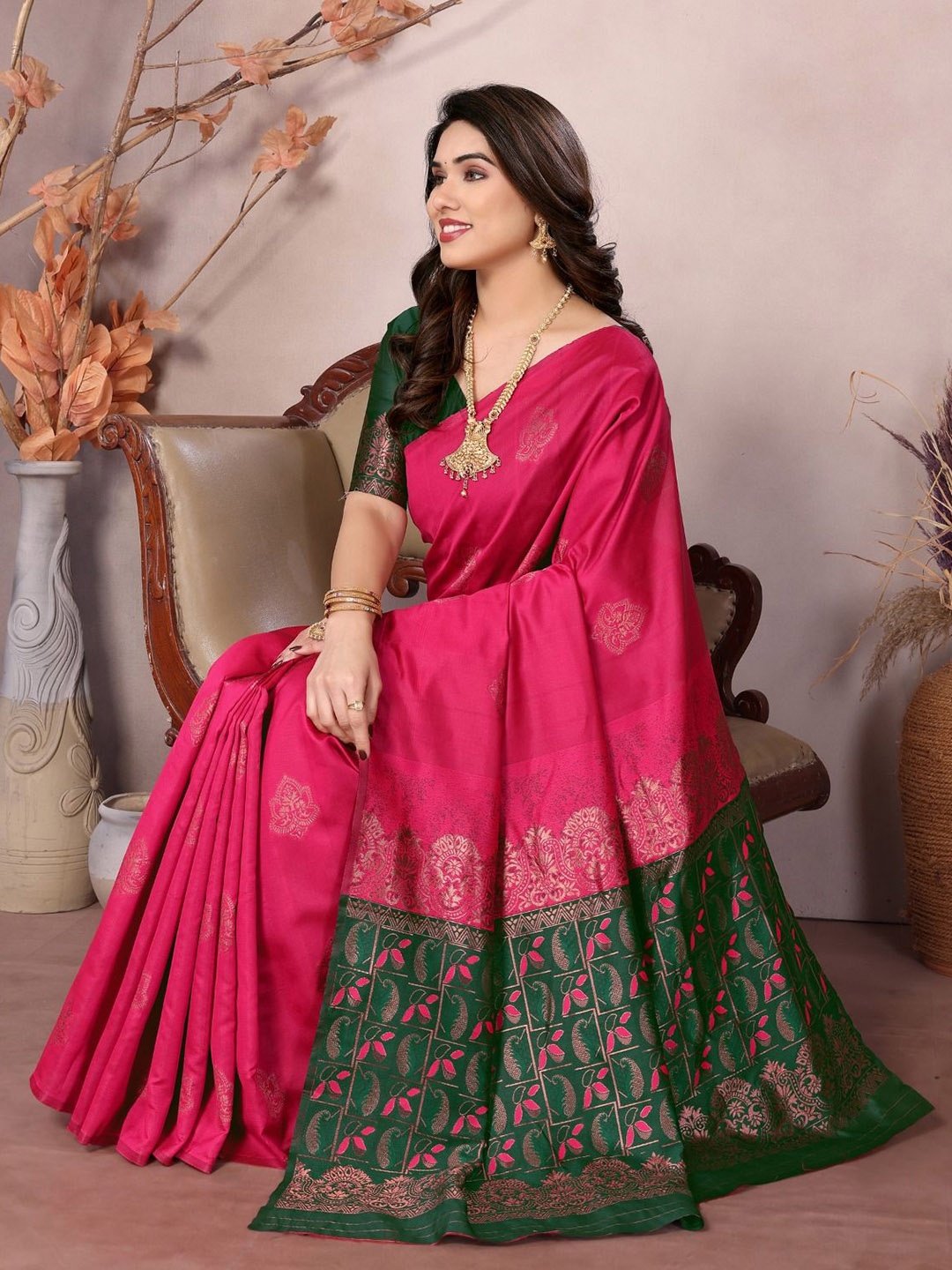 

DIKONA DESIGNER Ethnic Motifs Zari Pure Silk Kanjeevaram Saree, Pink