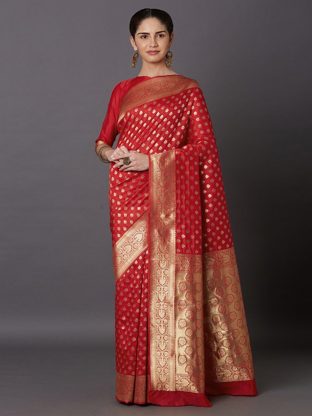 

DIKONA DESIGNER Ethnic Motifs Zari Pure Silk Kanjeevaram Saree, Red