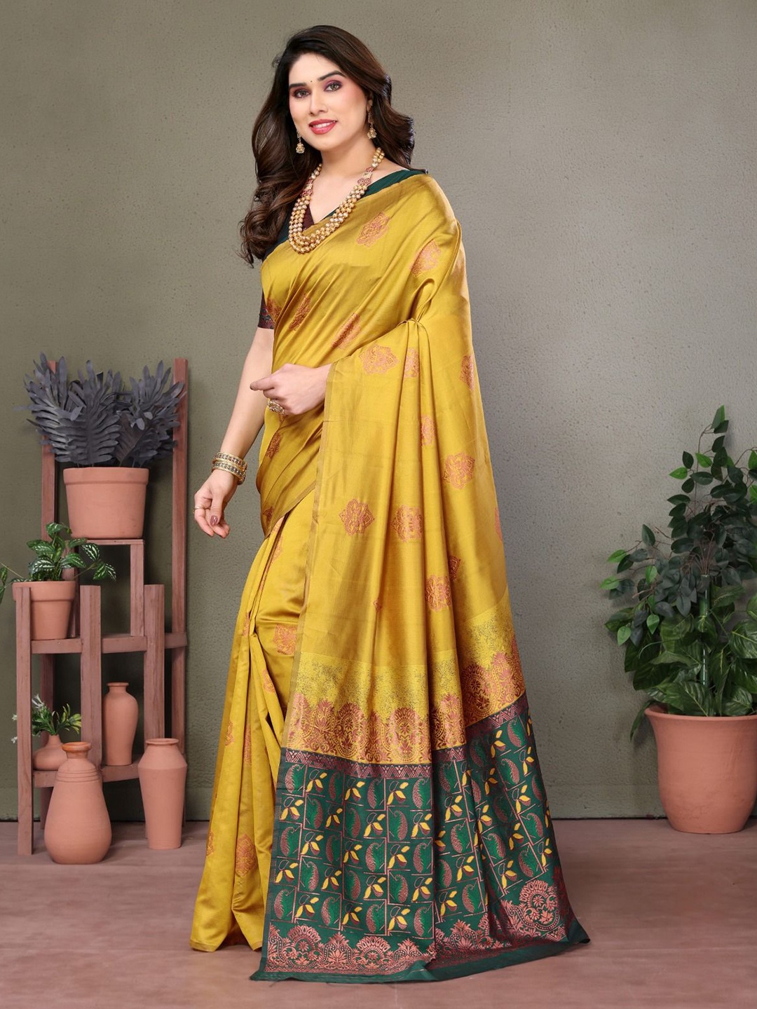 

DIKONA DESIGNER Woven Design Zari Pure Silk Kanjeevaram Saree, Mustard