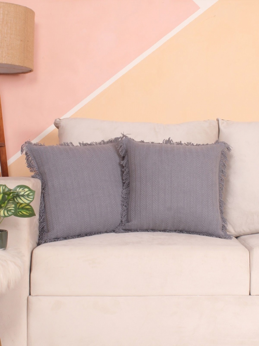 

STITCHNEST Grey 2 Pieces Geometric Pure Cotton Square Cushion Covers