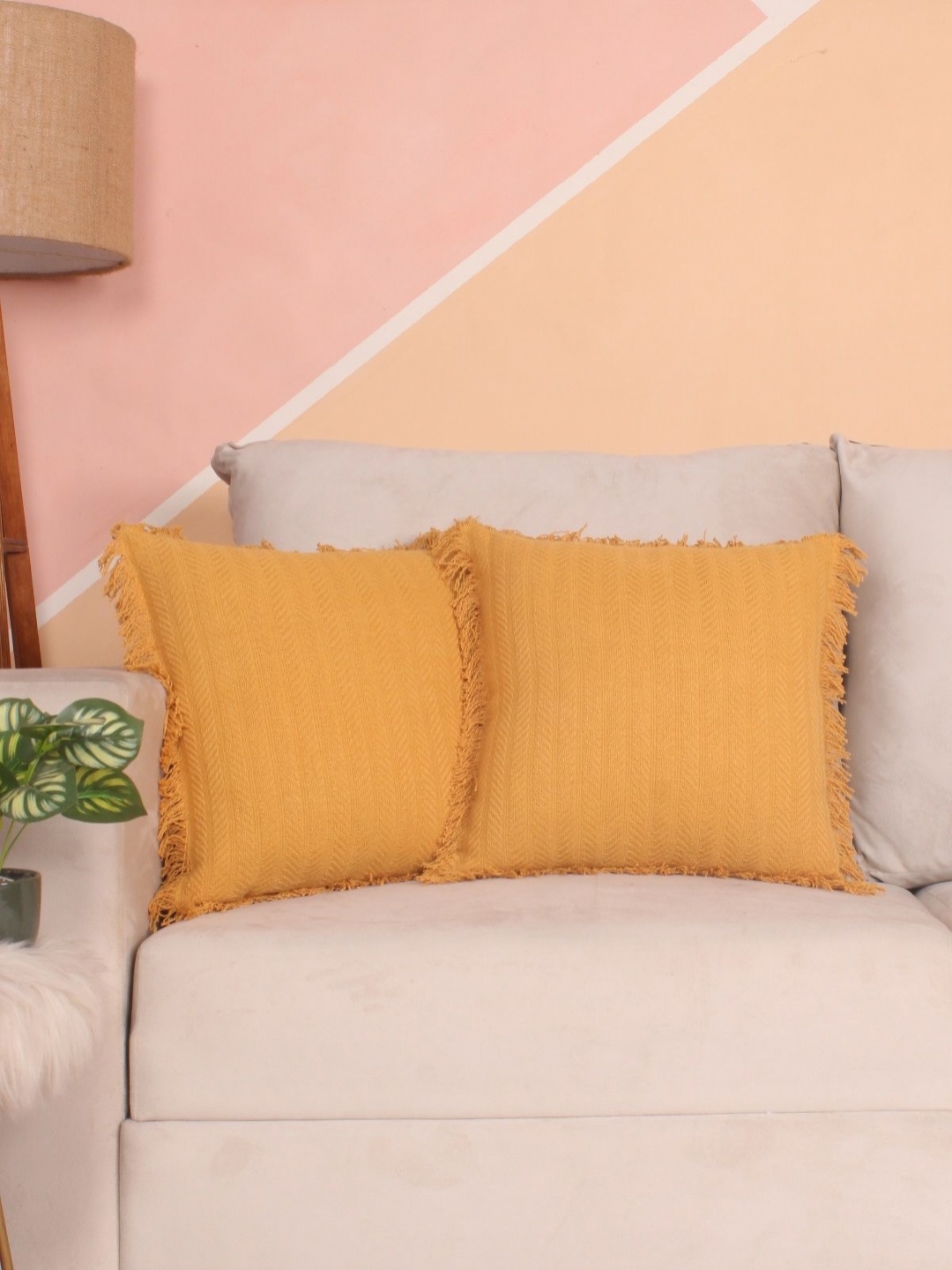 

STITCHNEST Yellow 2 Pieces Geometric Pure Cotton Square Cushion Covers