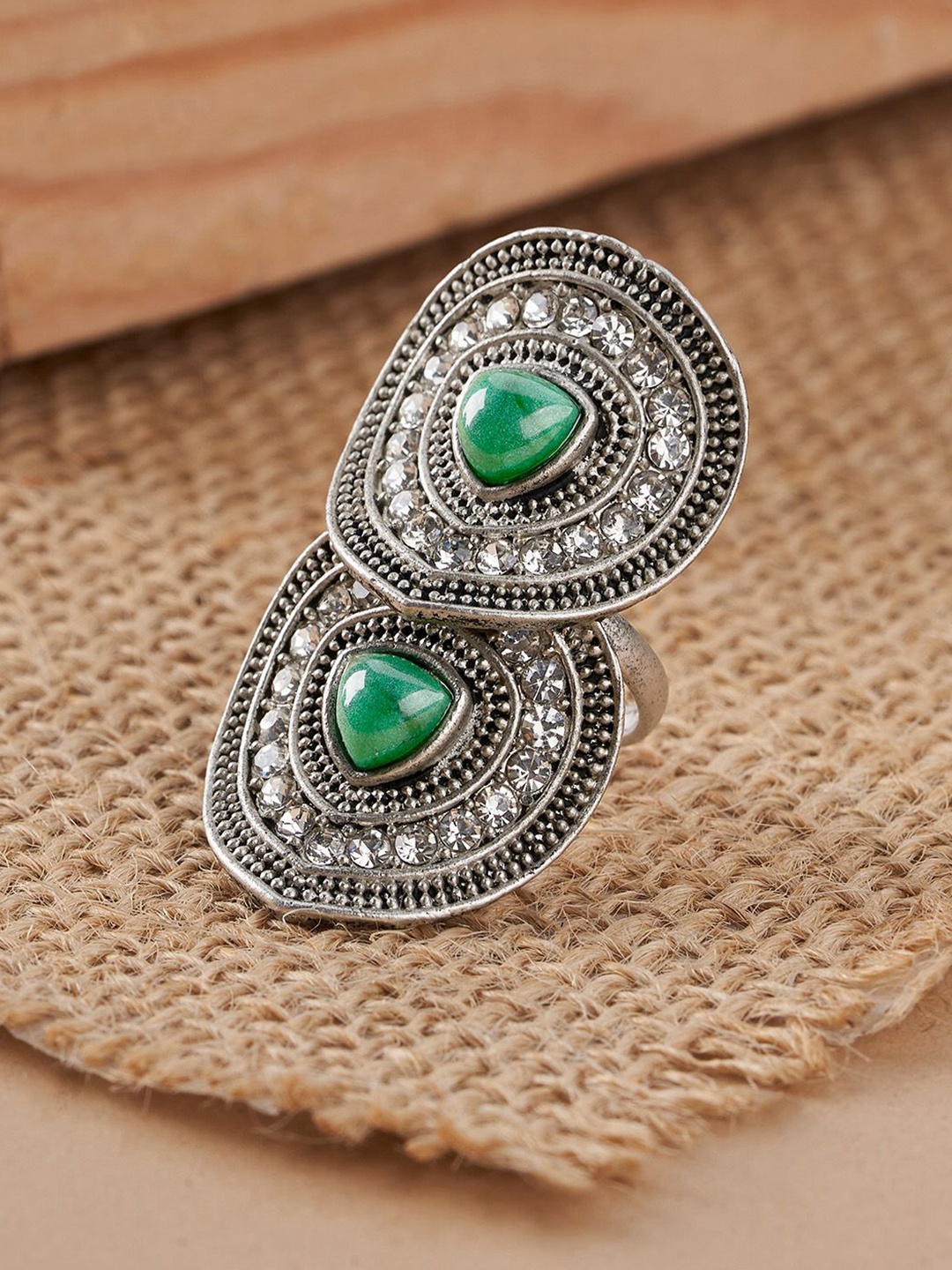 

TEEJH Bahuli Silver Women Turquoise Green Silver-Plated Gemstone Studded Ring