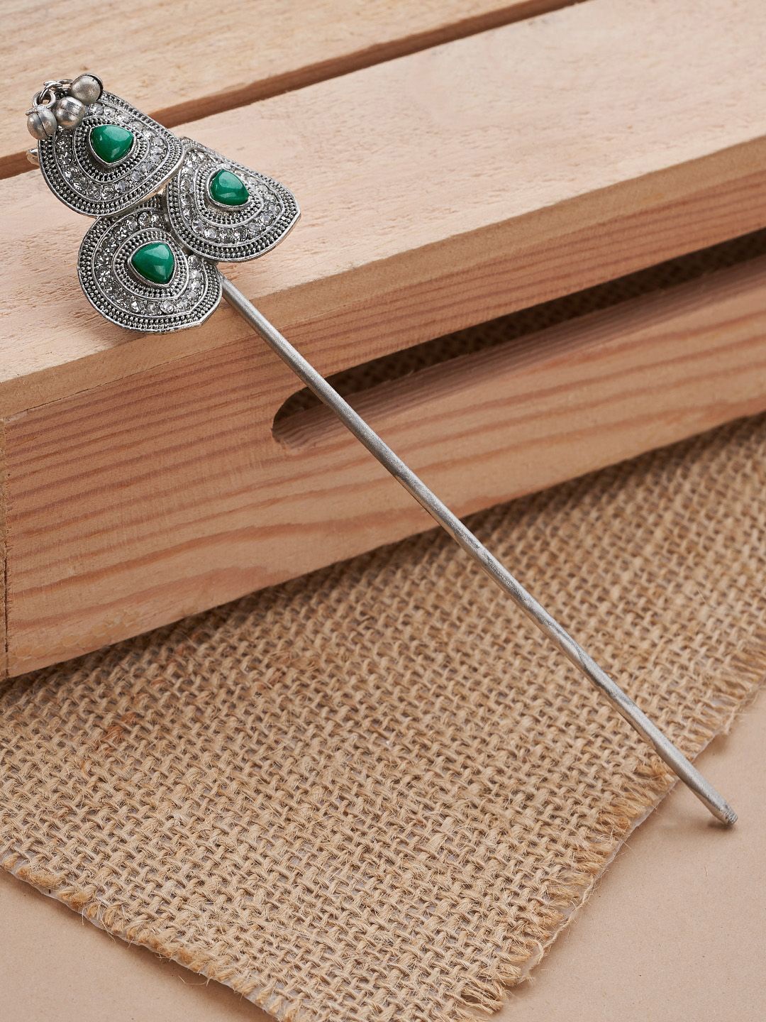 

TEEJH Women Sunanda Silver Green Hair Pin