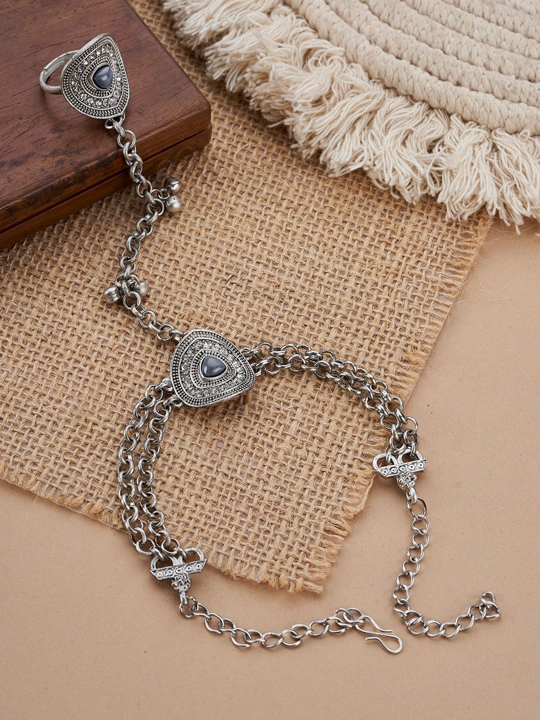 

TEEJH Indrila Hathphool Oxidised Silver-Plated Ring Bracelet