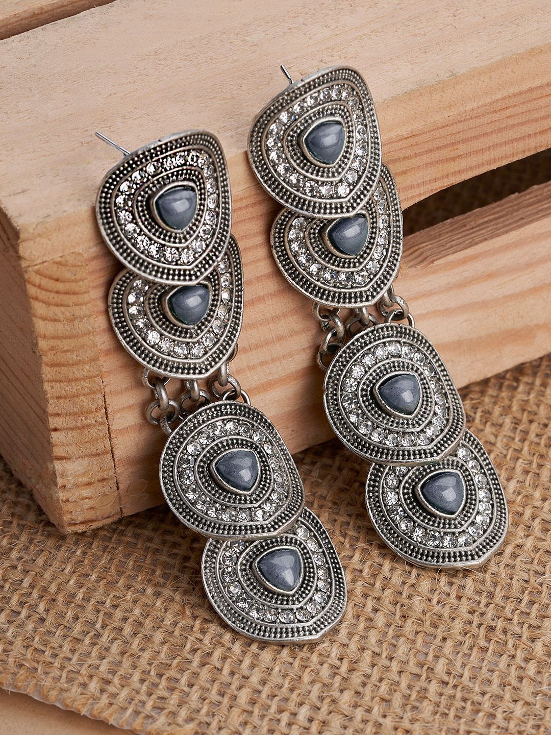 

TEEJH Divika Silver-Plated Contemporary Oxidised Drop Earrings