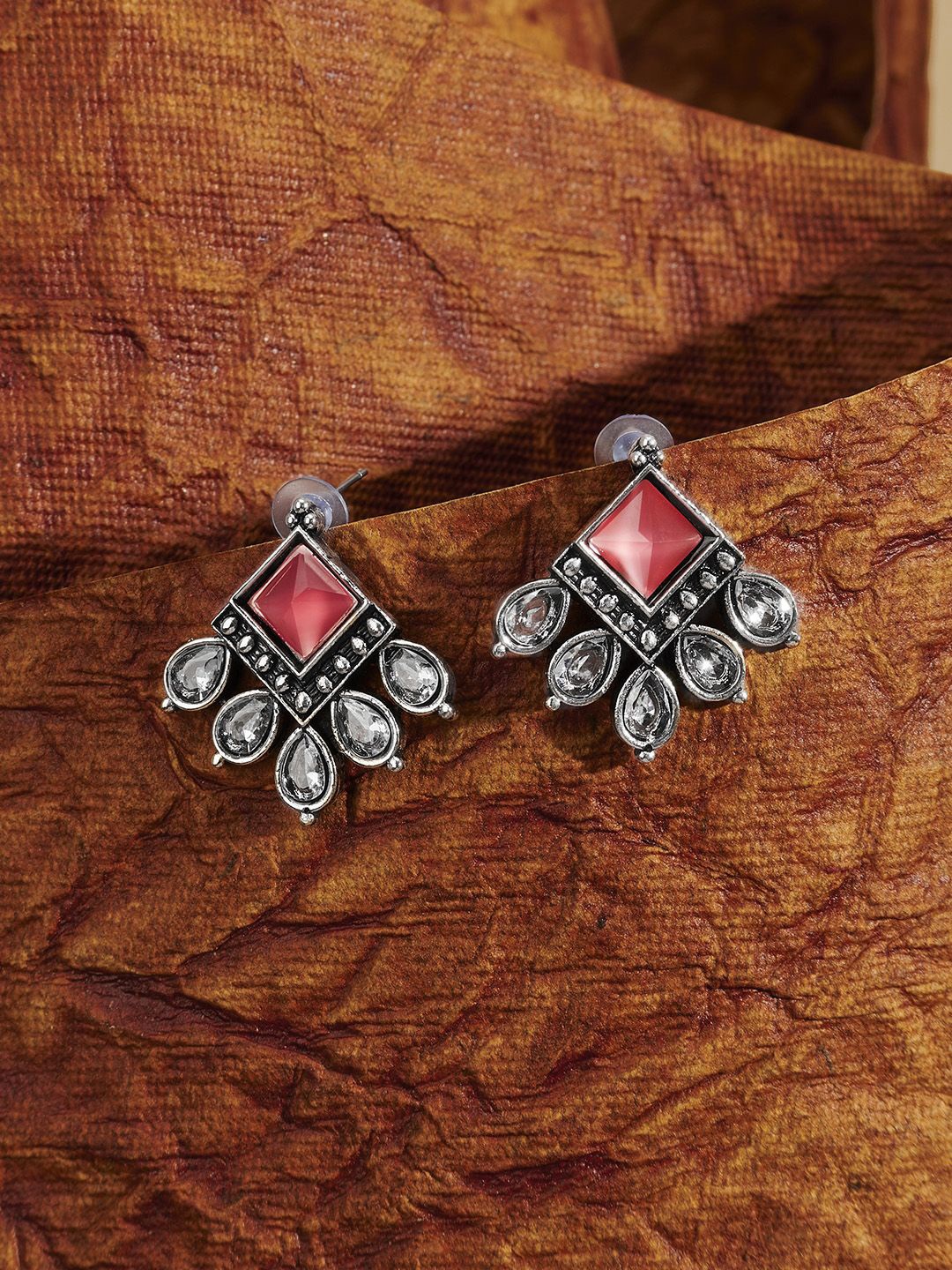 

TEEJH Charulatha Silver-Plated Diamond Shaped Oxidised Drop Earrings