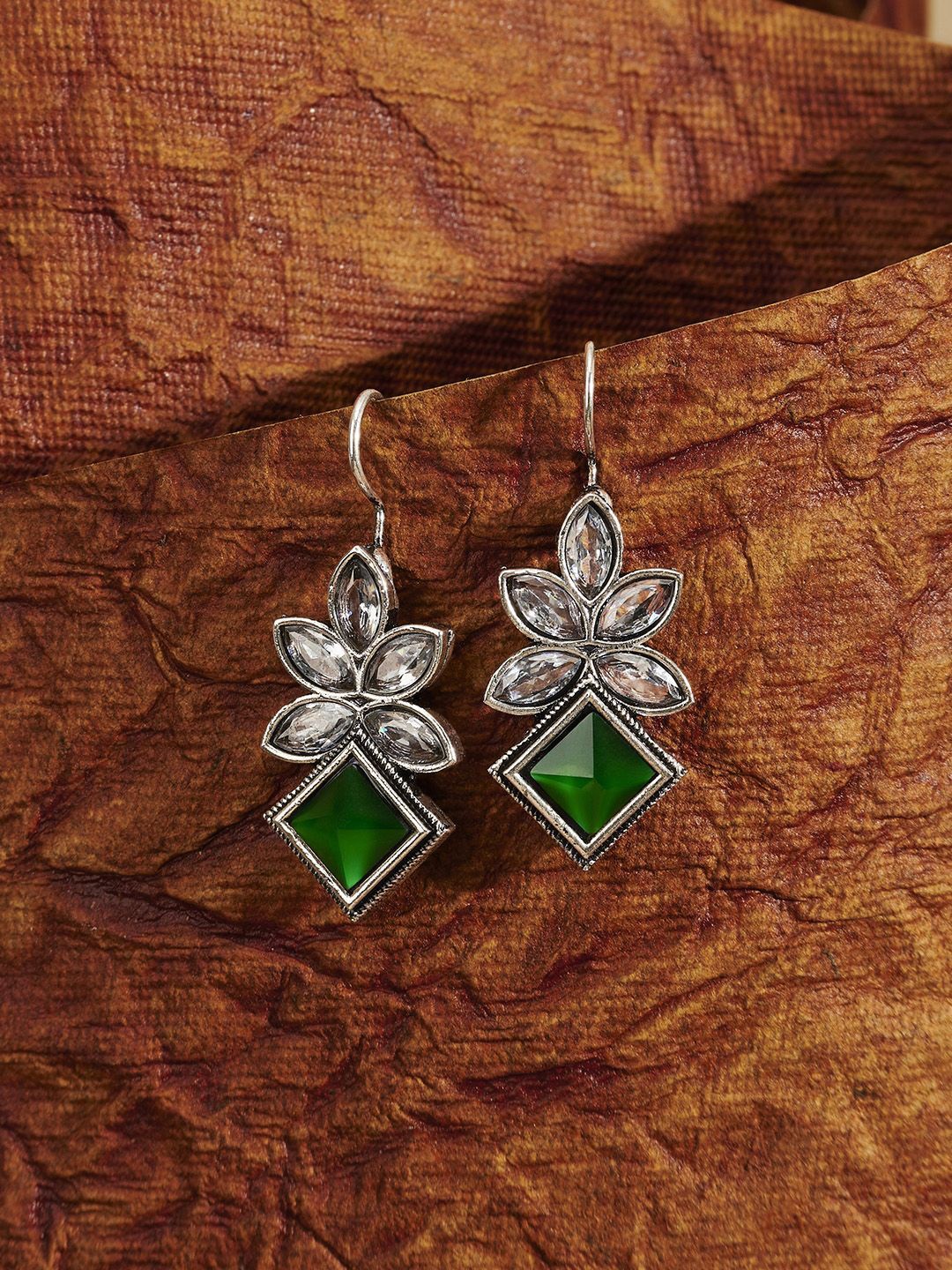 

TEEJH Aradhana Silver-Plated Diamond Shaped Oxidised Drop Earrings