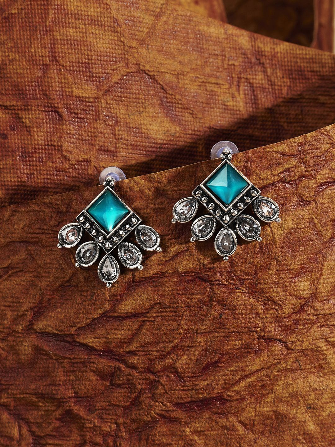 

TEEJH Charulatha Silver-Plated Diamond Shaped Oxidised Drop Earrings