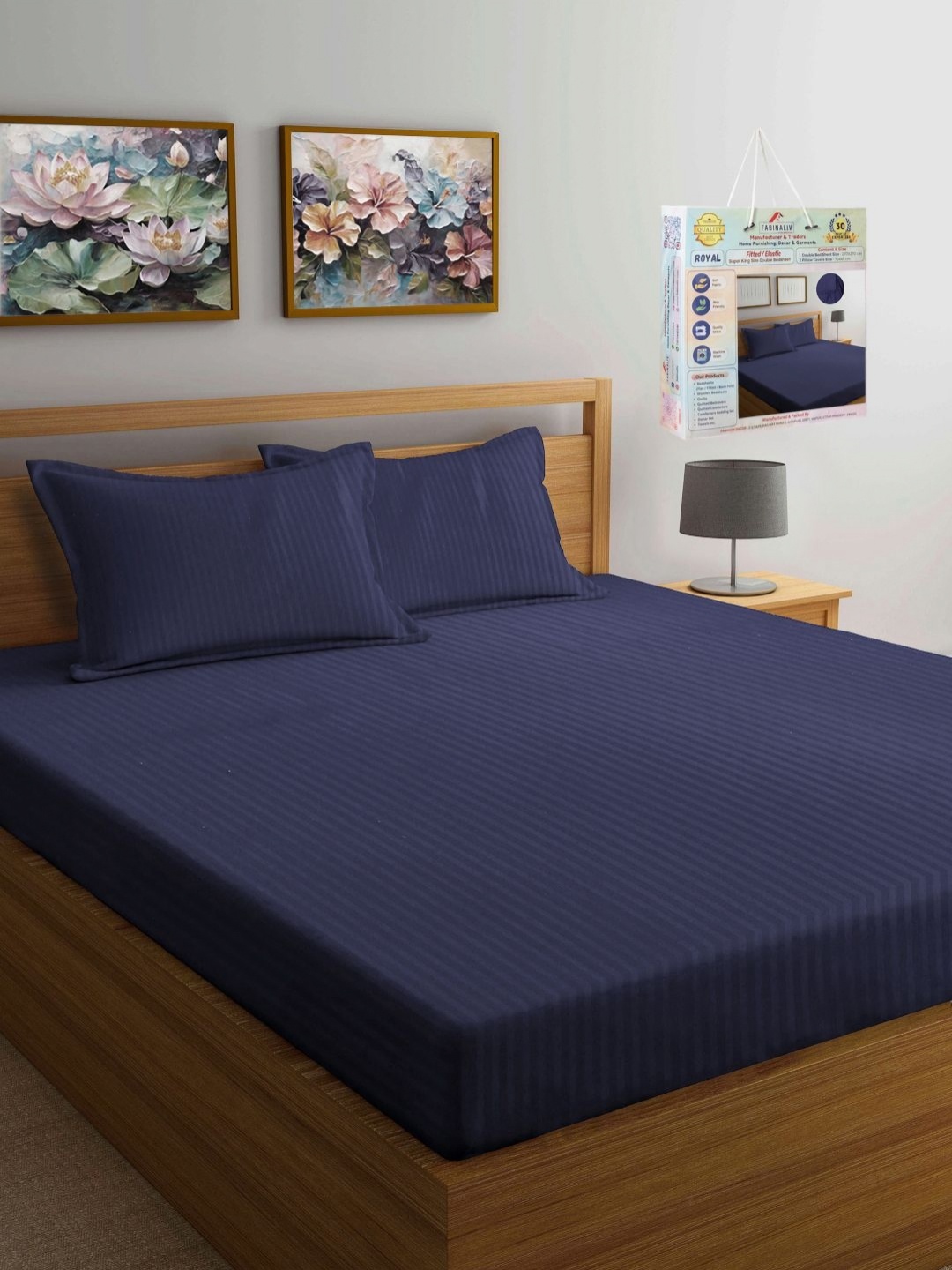 

FABINALIV Navy Blue Striped 300 TC Fitted King Bedsheet with 2 Pillow Covers-2.7mX2.7m