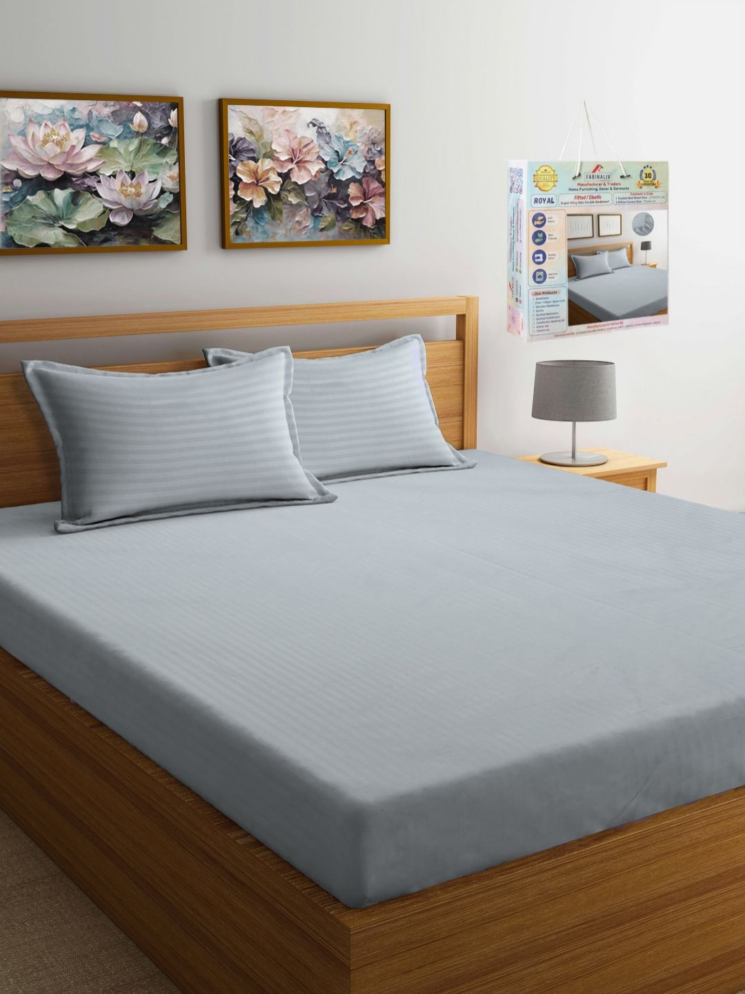 

FABINALIV Grey Striped 300 TC Fitted Super King Bedsheet with 2 Pillow Covers-2.7 mX2.7 m