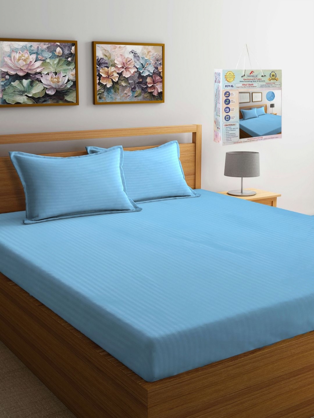 

FABINALIV Blue Striped 300 TC Fitted King Bedsheet with 2 Pillow Covers-2.7 mX2.7 m