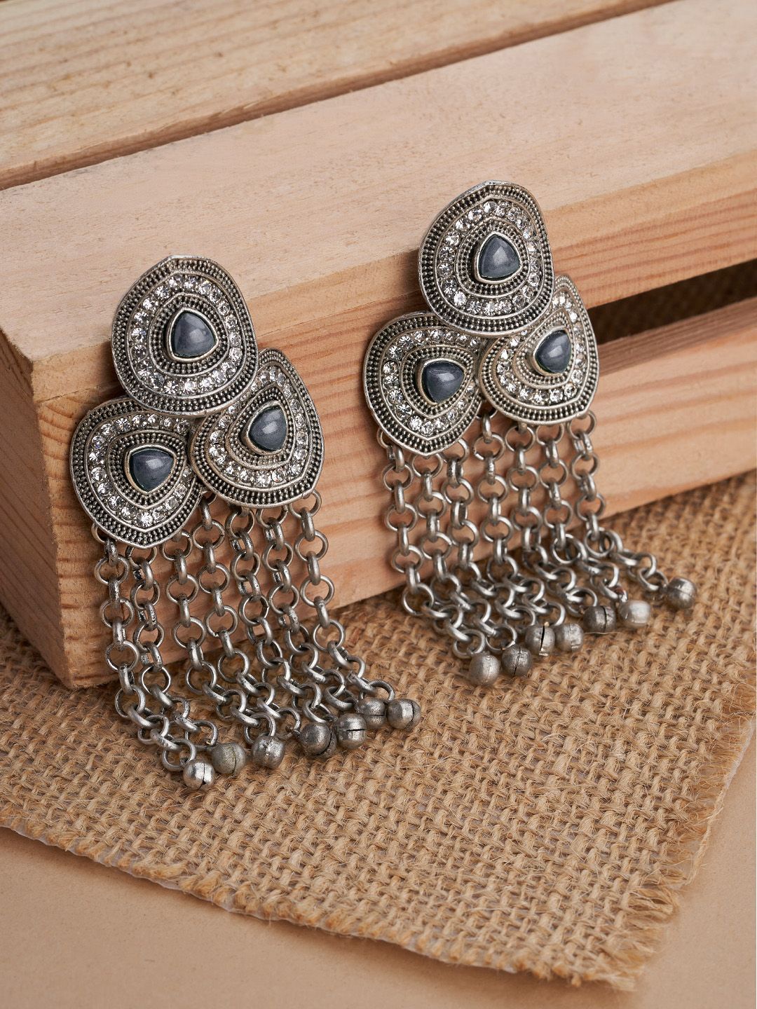 

TEEJH Mrinal Silver-Plated Contemporary Oxidised Drop Earrings