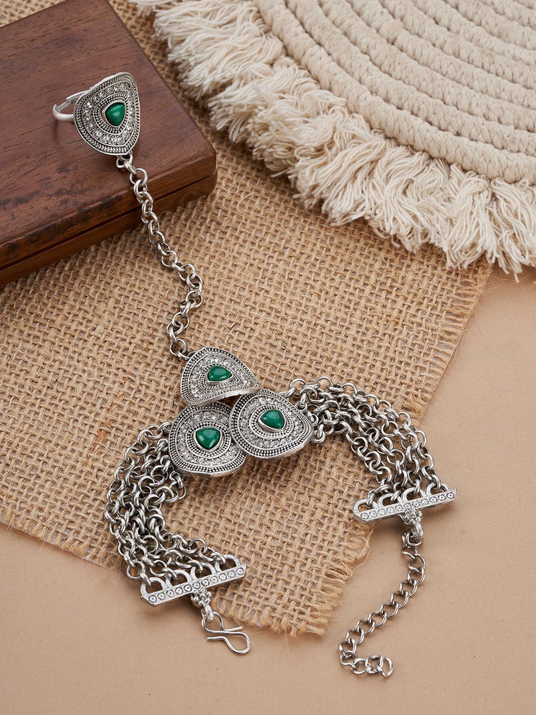 

TEEJH Himanshi Hathphool Oxidised Silver-Plated Ring Bracelet
