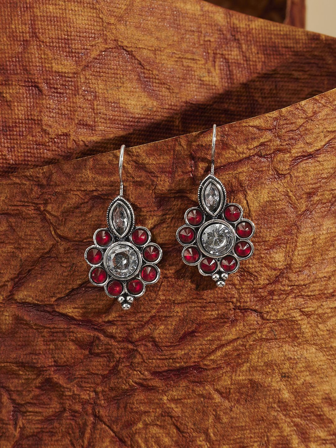 

TEEJH Himanika Silver-Plated Floral Oxidised Drop Earrings