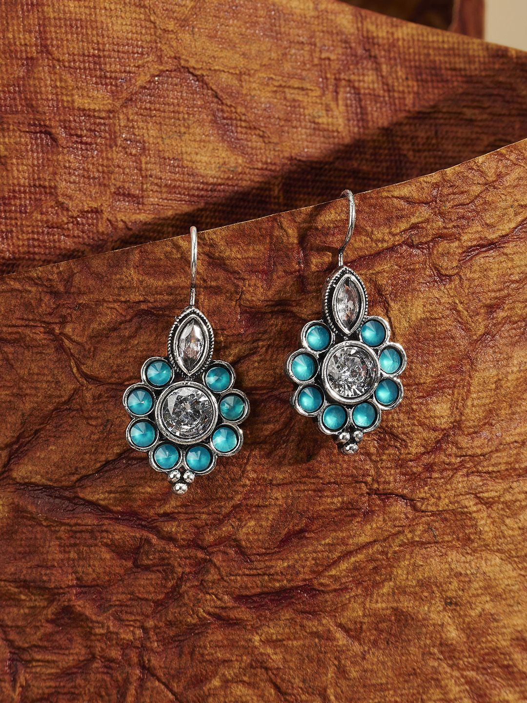 

TEEJH Silver-Plated Floral Oxidised Drop Earrings