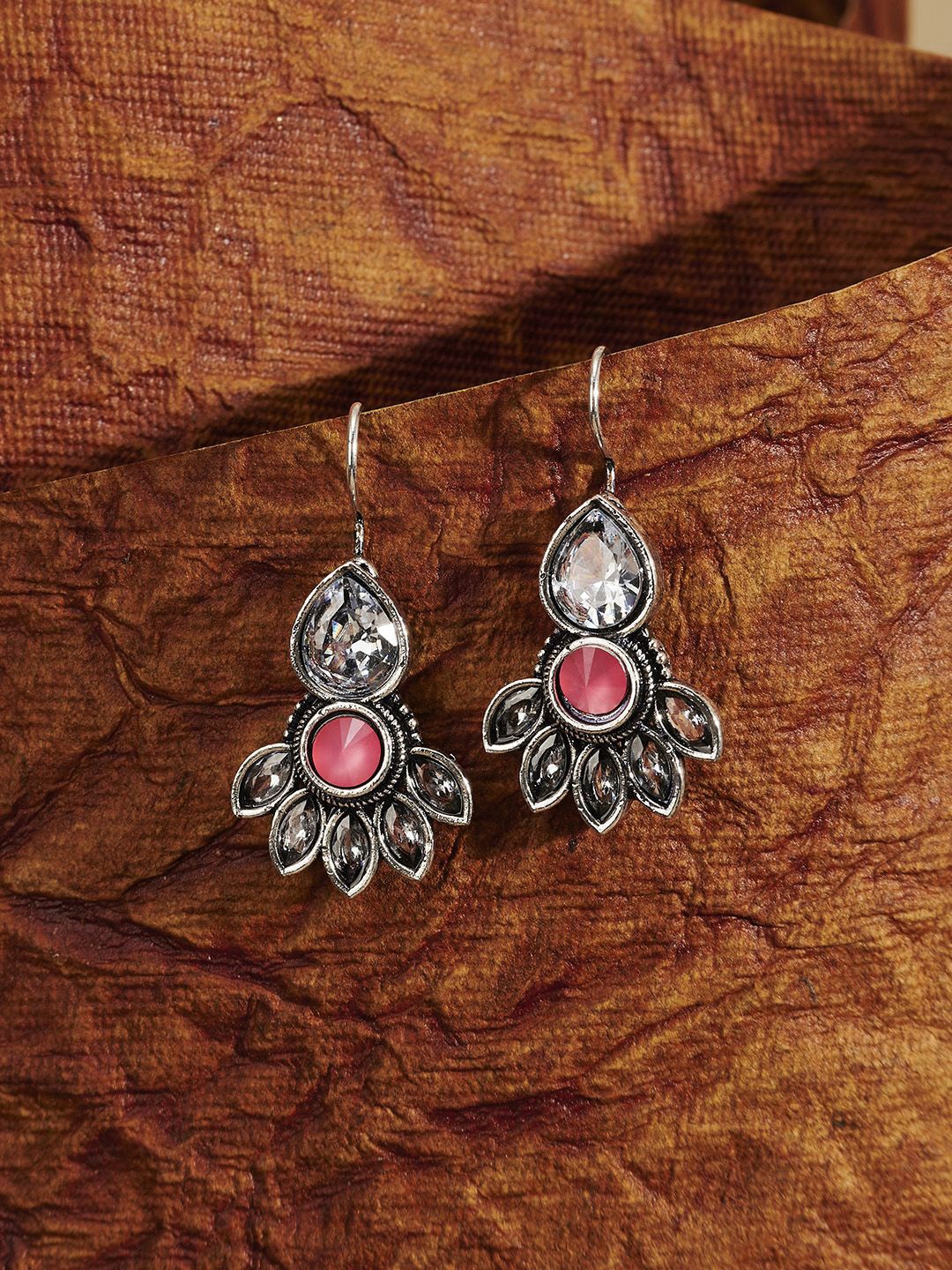 

TEEJH Ayeshna Silver-Plated Floral Oxidised Drop Earrings