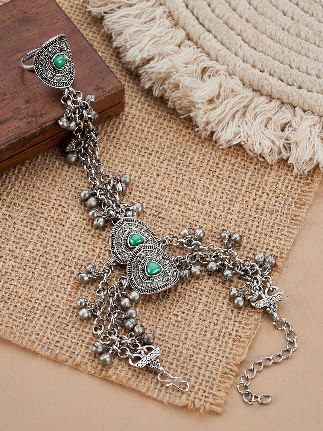 

TEEJH Yashwi Turquoise Hathphool Oxidised Silver-Plated Ring Bracelet