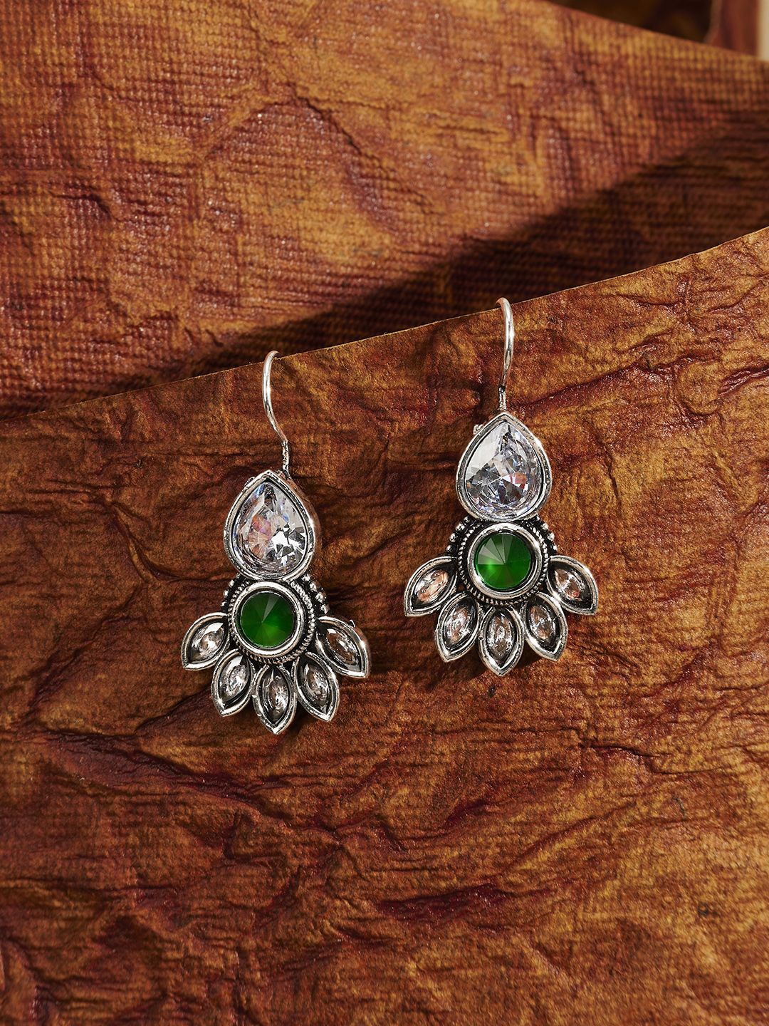 

TEEJH Ayeshna Floral Silver-Plated Artificial Stones Alloy Oxidised Drop Earrings, Green