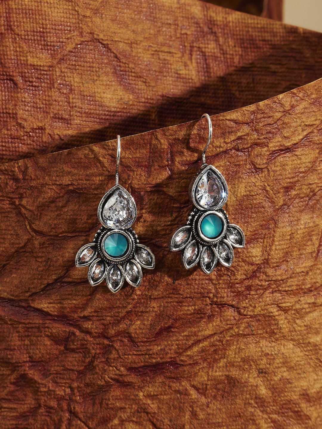 

TEEJH Ayeshna Floral Silver-Plated Artificial Stones Alloy Oxidised Drop Earrings, Teal